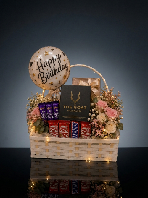 Birthday gift box by The Goat Fragrance, perfume gift with chocolates, flowers and balloon hamper
