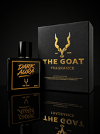 Dark Aura perfume bottle and gift box by The Goat Fragrance, black and gold packaging