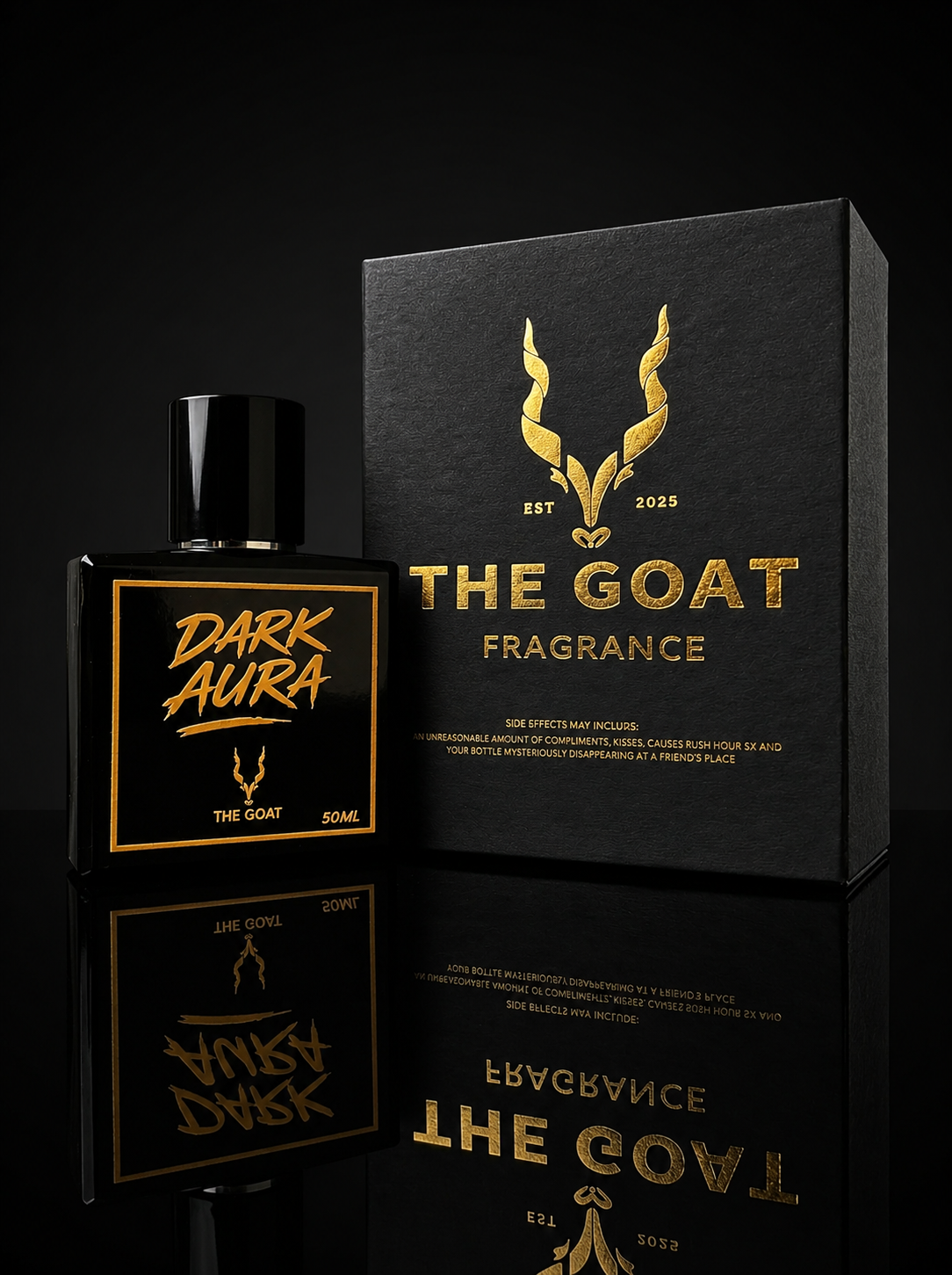 Dark Aura perfume bottle and gift box by The Goat Fragrance, black and gold packaging