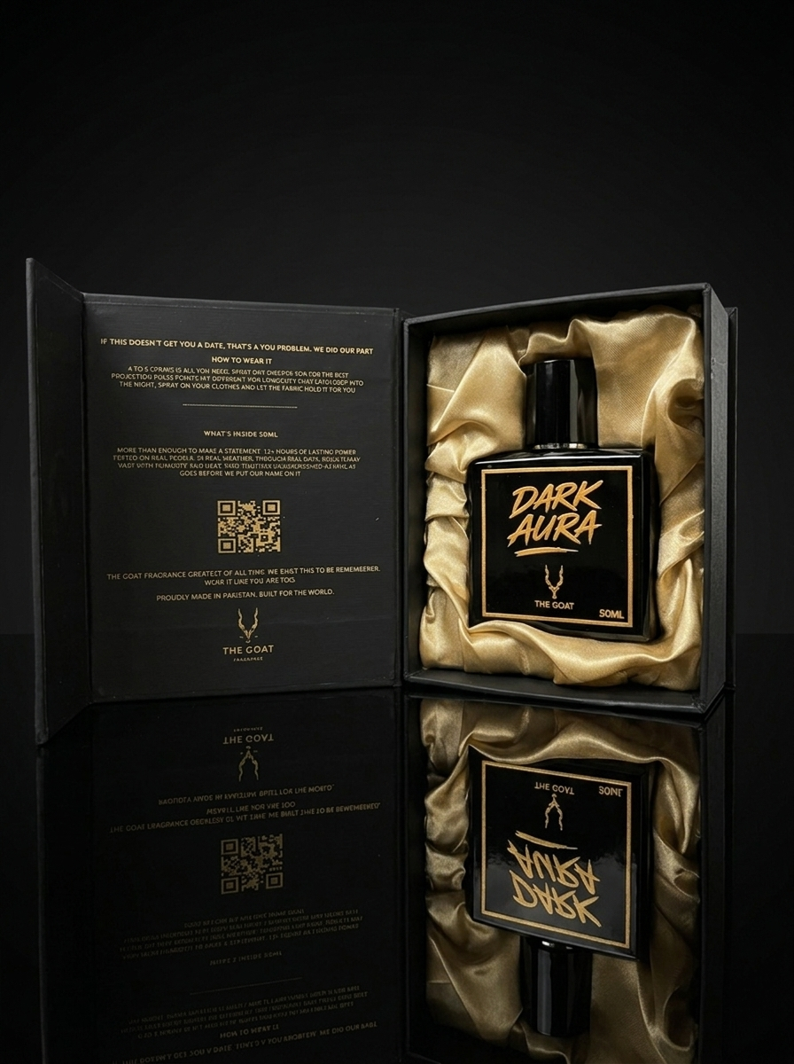Dark Aura 50ml bottle inside its satin lined gift box by The Goat Fragrance
