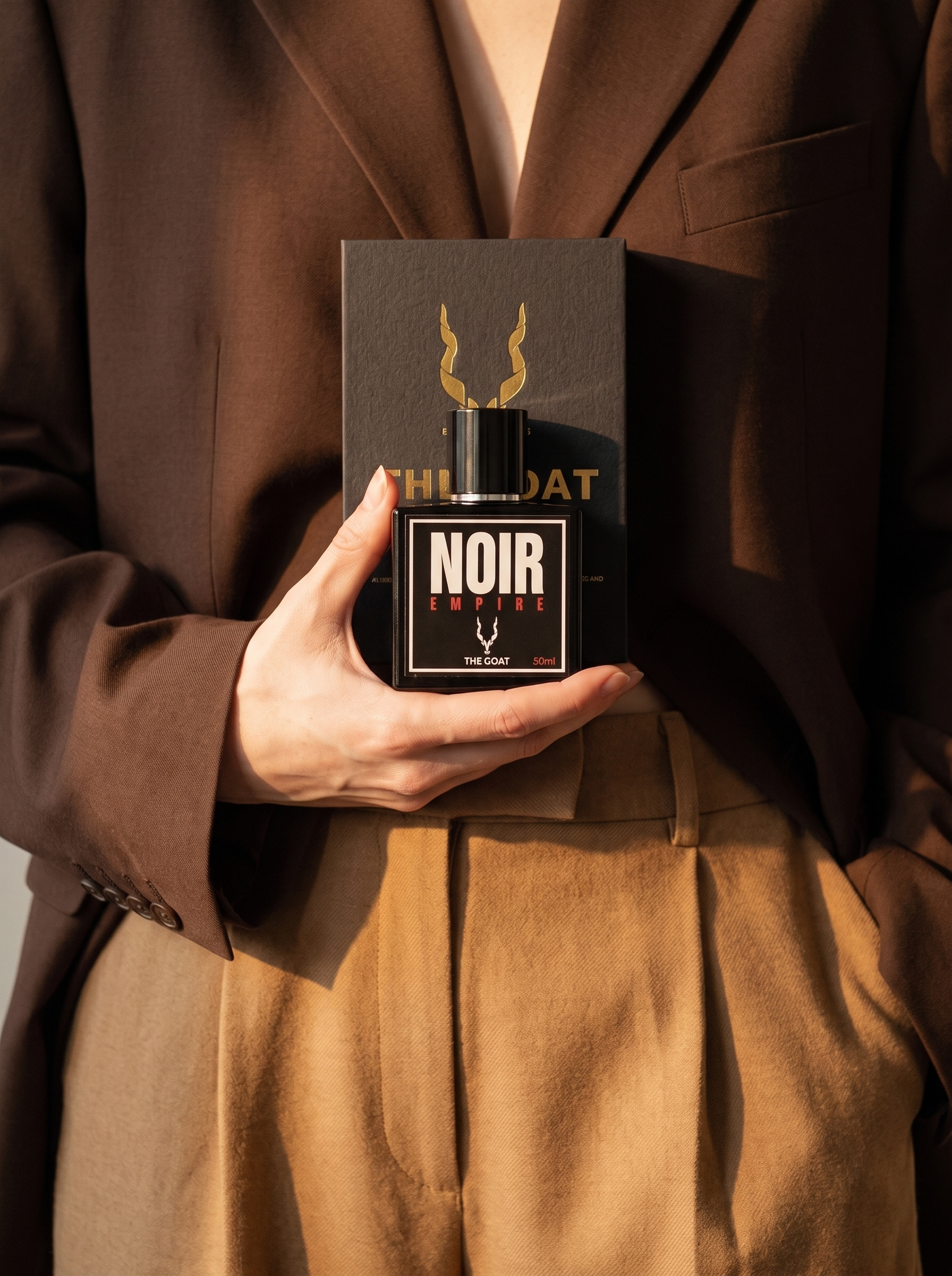 Noir Empire perfume bottle and gift box by The Goat Fragrance held against a tailored blazer