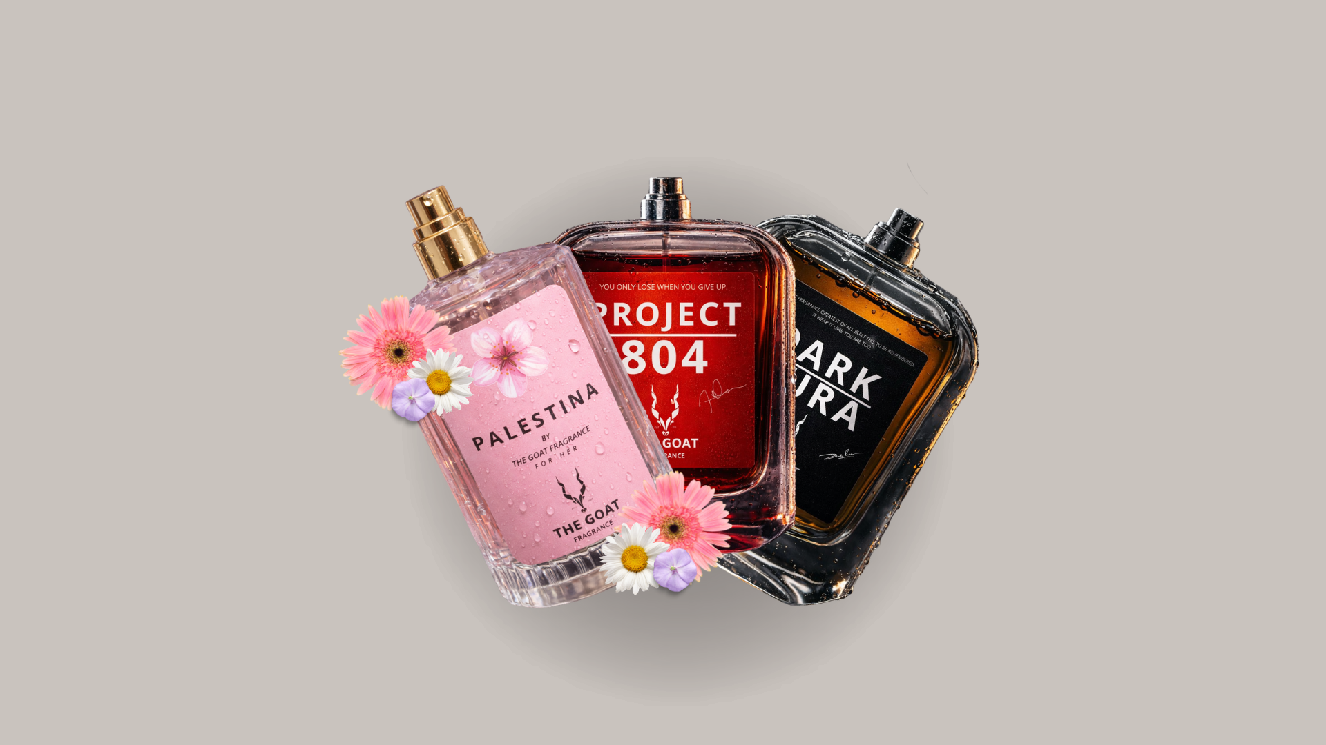 Palestina, Project 804 and Dark Aura perfume bottles by The Goat Fragrance with flowers