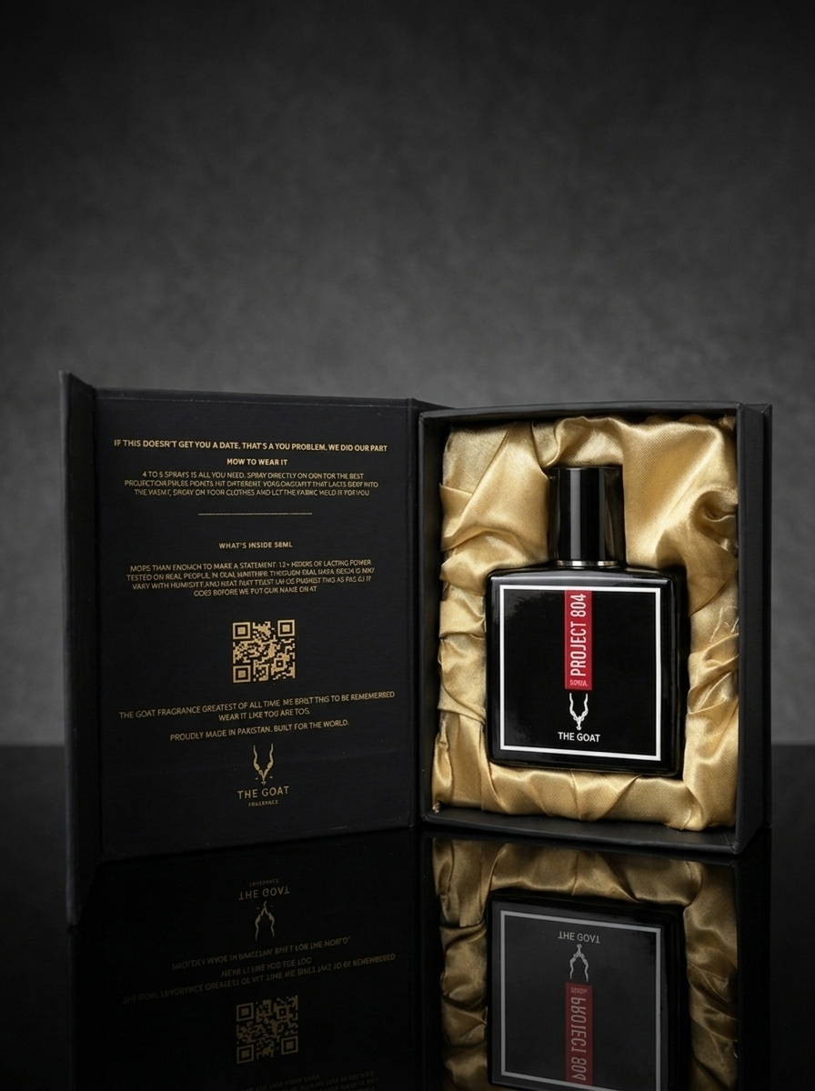 Project 804 50ml bottle inside its satin lined gift box by The Goat Fragrance